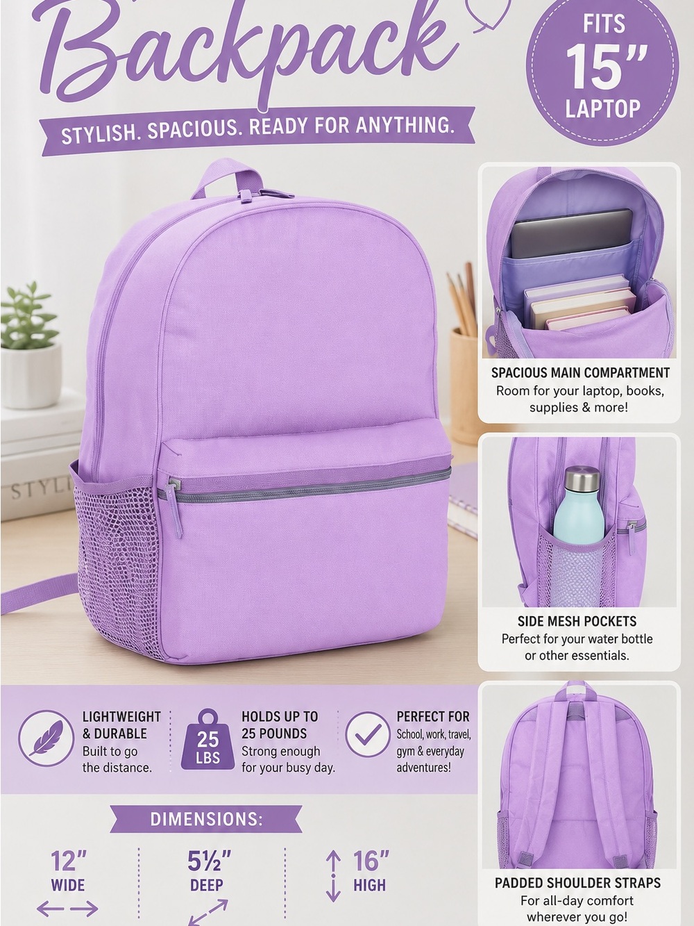 Kids Lavender School Backpack by